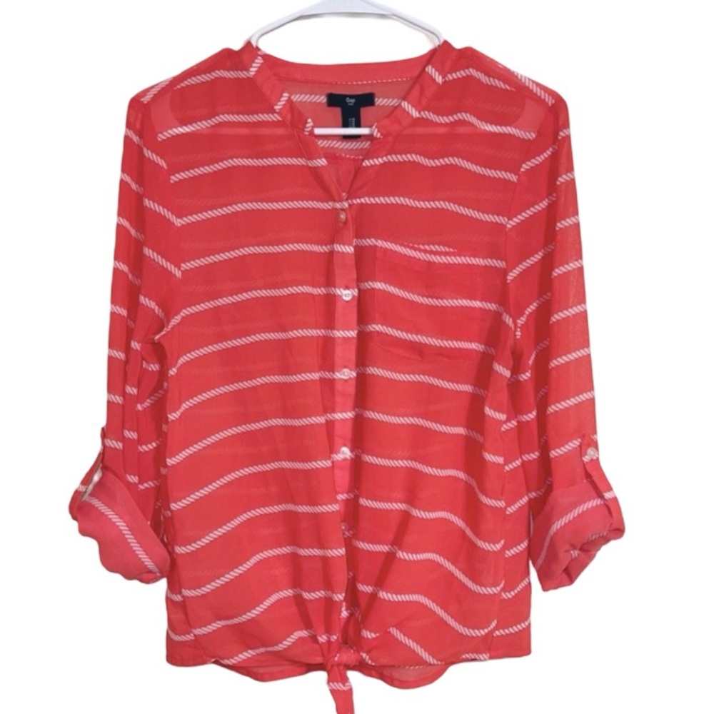 GAP Woman’s Sheer Dark Coral Button Down Blouse w/ Rope Pattern & Waist Tie